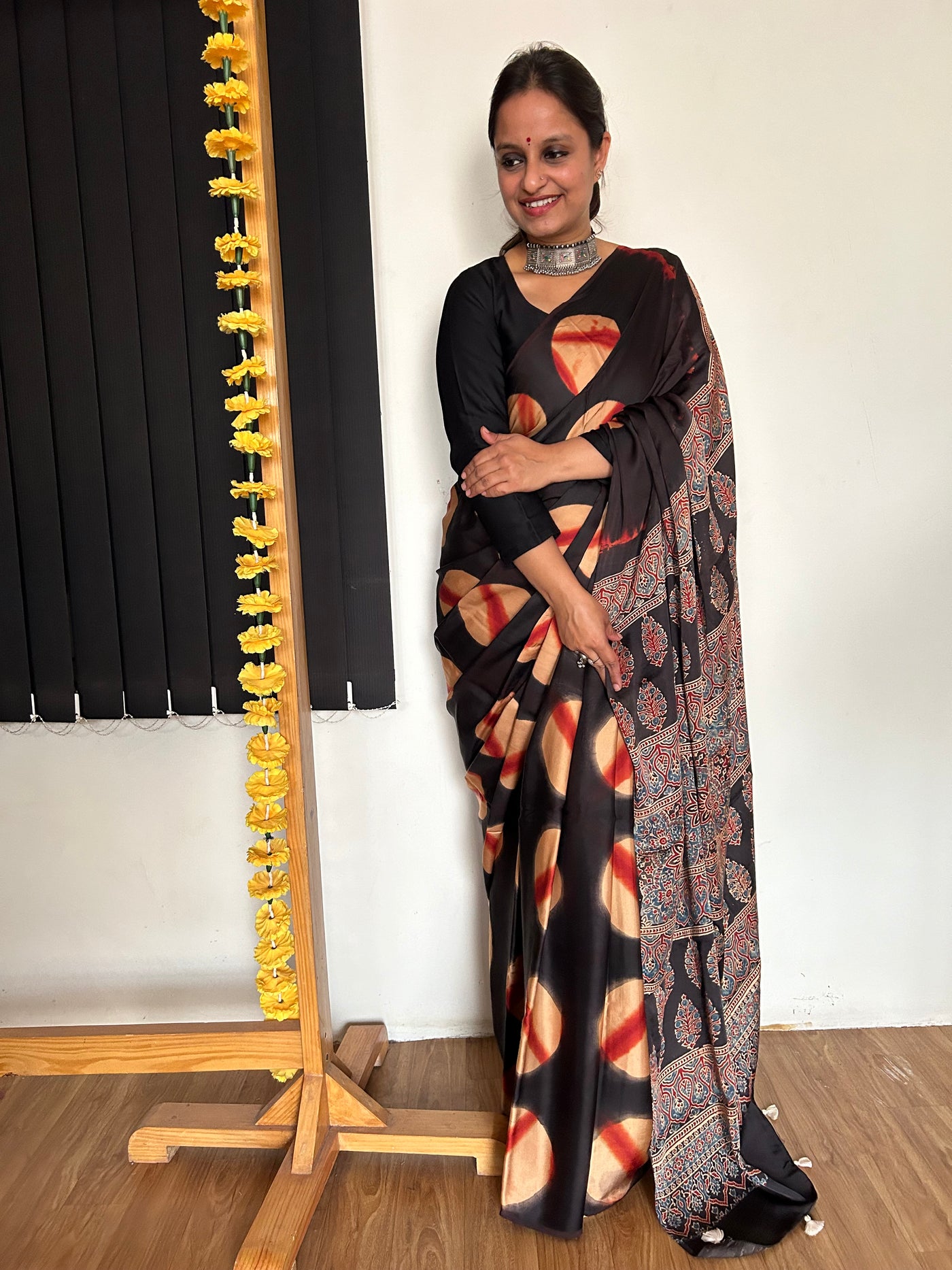 JANKI: Handmade Clamp Dyed- Ajrakh Modal Silk Saree