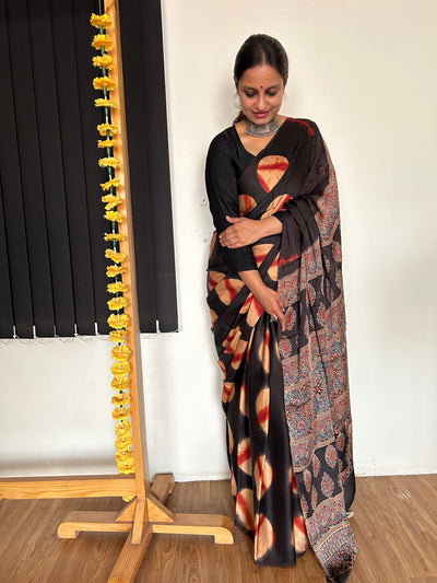 JANKI: Handmade Clamp Dyed- Ajrakh Modal Silk Saree