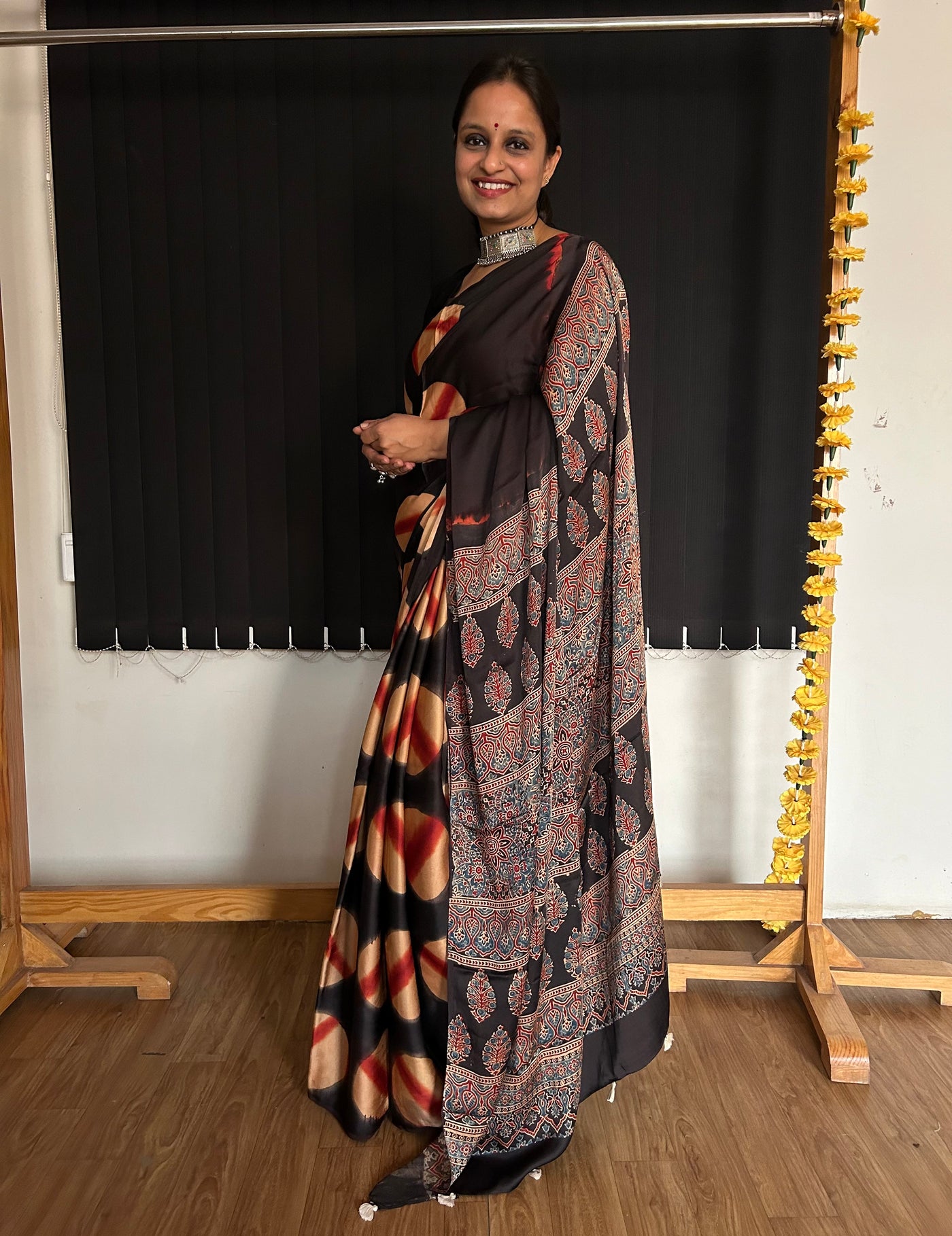 JANKI: Handmade Clamp Dyed- Ajrakh Modal Silk Saree