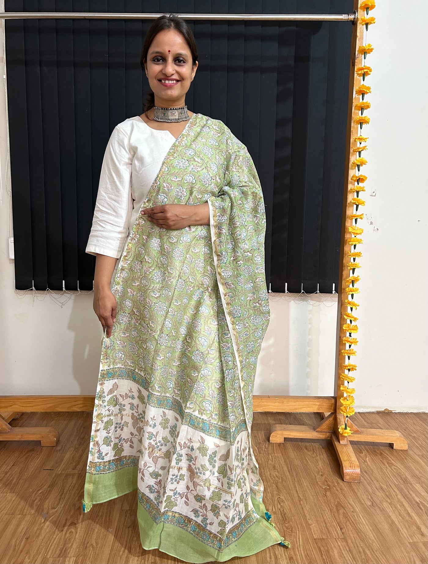 PRISHA:Handblock Printed Silk-Cott Chanderi Dupatta