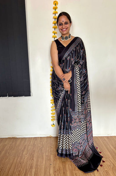 AADRIKA: HAND BLOCK AJRAKH MODAL SILK SAREE