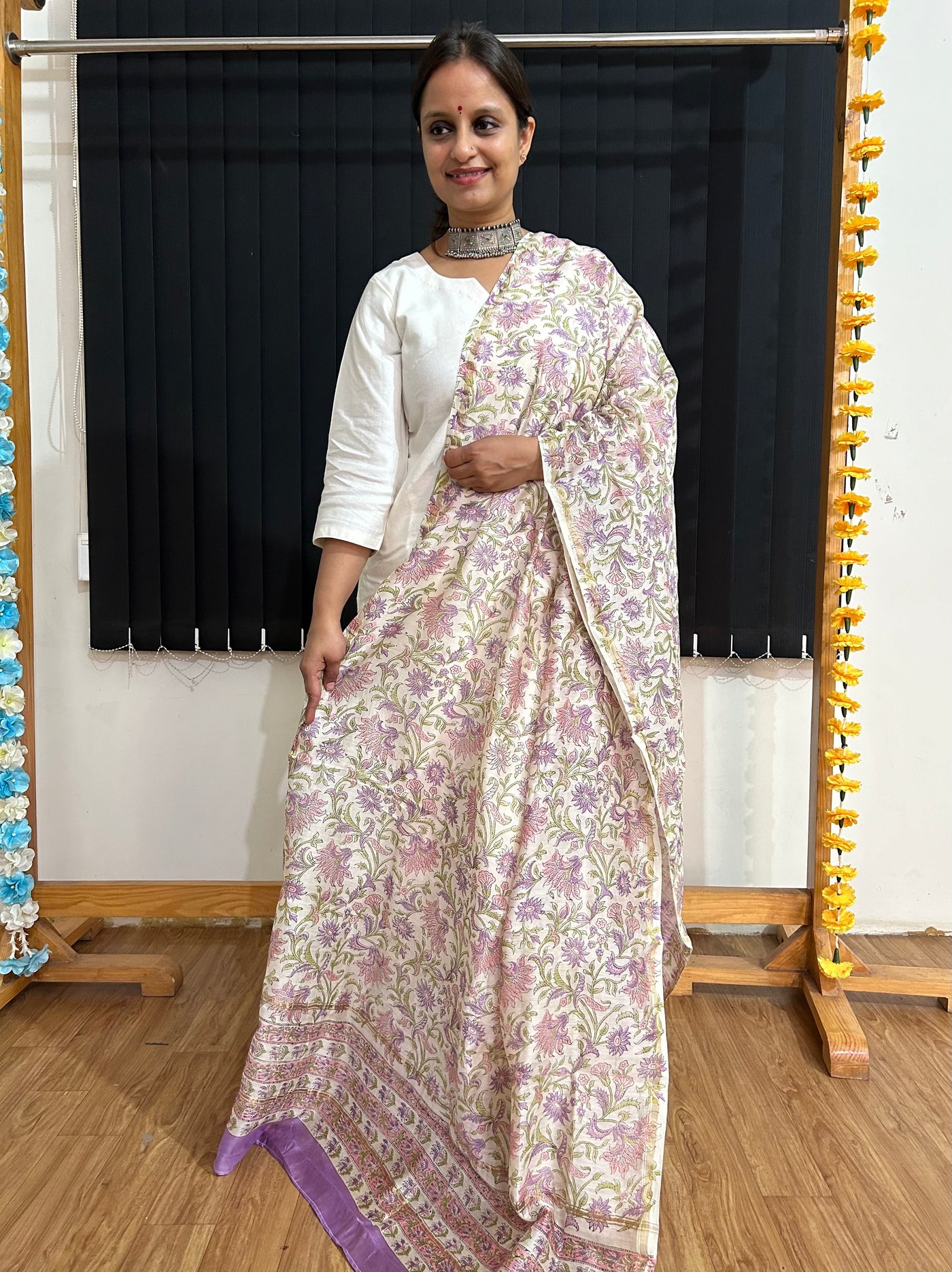 MEGHNA: Handblock Printed Silk-Cott Chanderi Dupatta