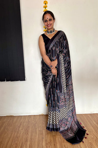 AADRIKA: HAND BLOCK AJRAKH MODAL SILK SAREE