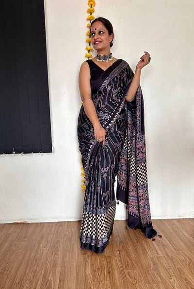 AADRIKA: HAND BLOCK AJRAKH MODAL SILK SAREE