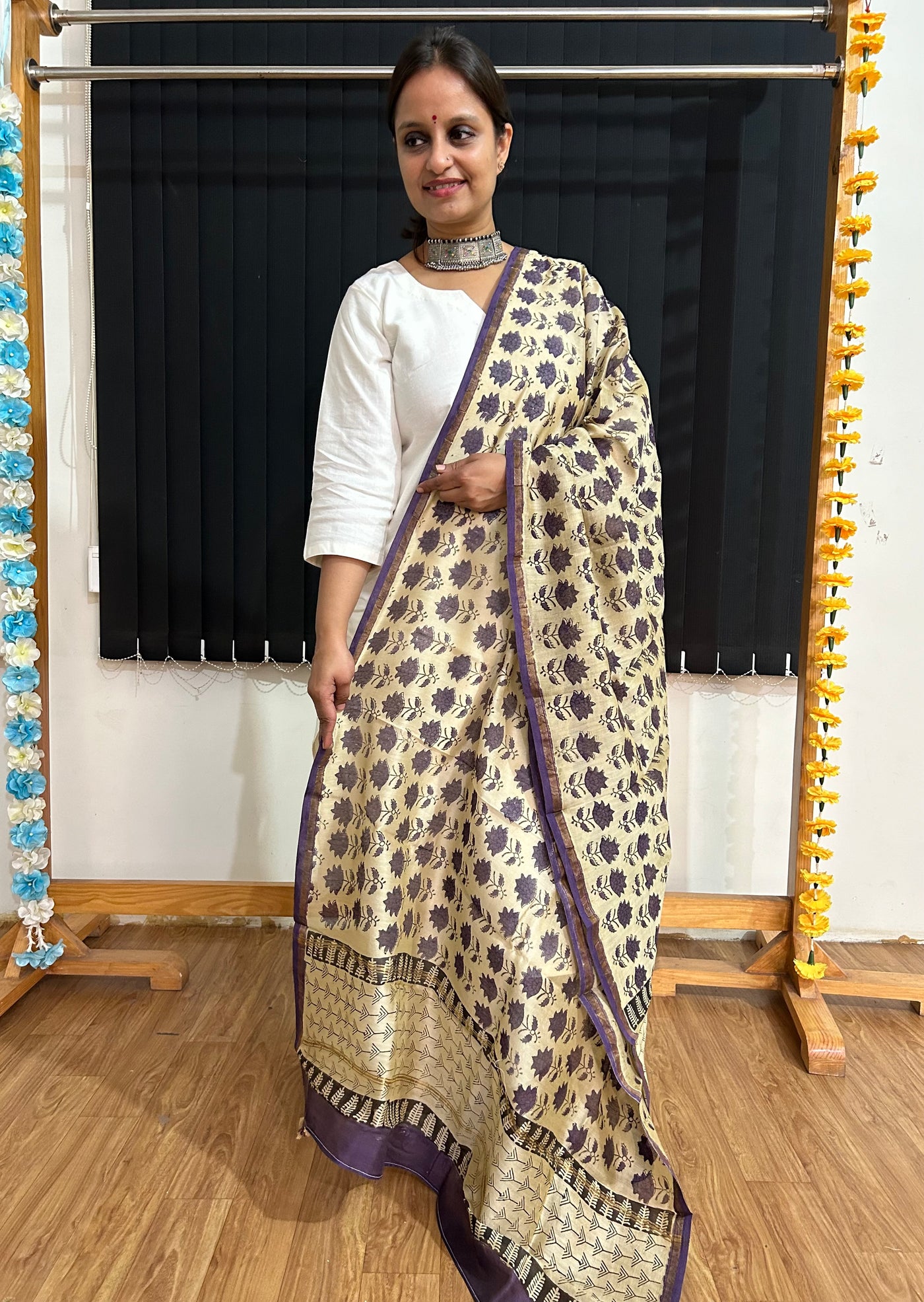 SANJOG: Handblock Printed Silk-Cott Chanderi Dupatta