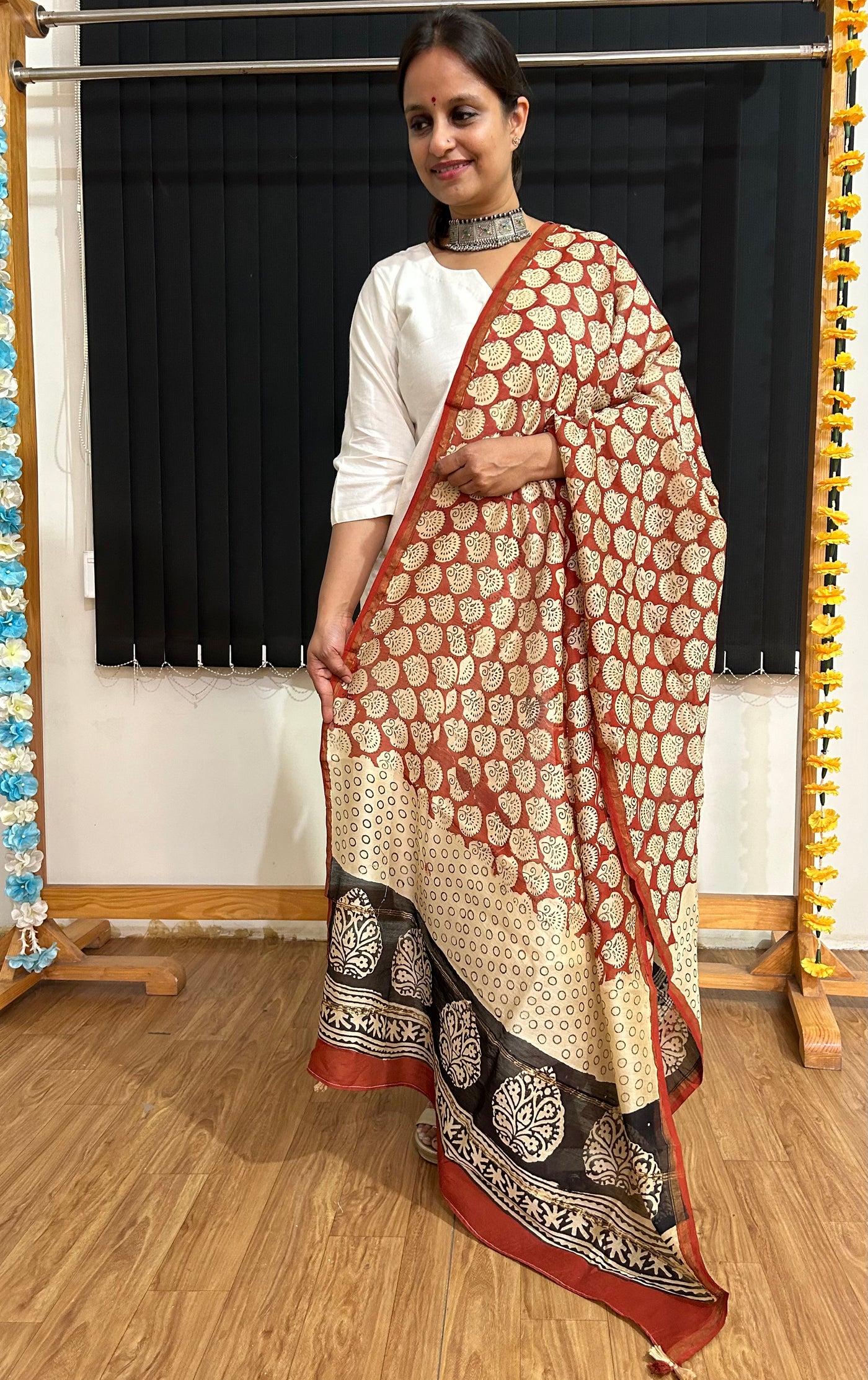 RUT: Handblock Printed Silk-Cott Chanderi Dupatta