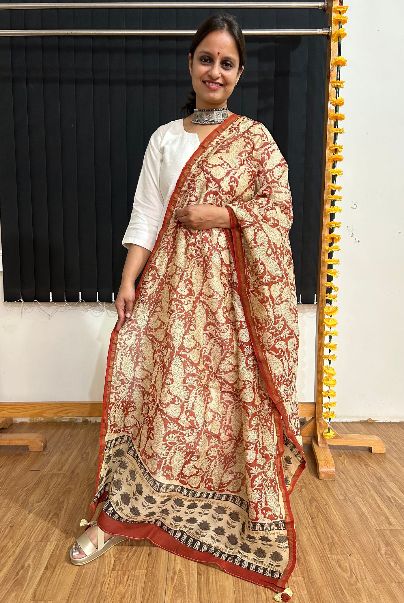 JINDGI: Handblock Printed Silk-Cott Chanderi Dupatta