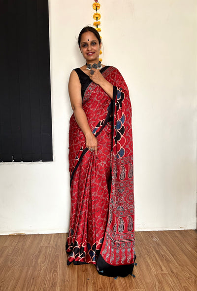 MIRZA: HAND BLOCK AJRAKH MODAL SILK SAREE