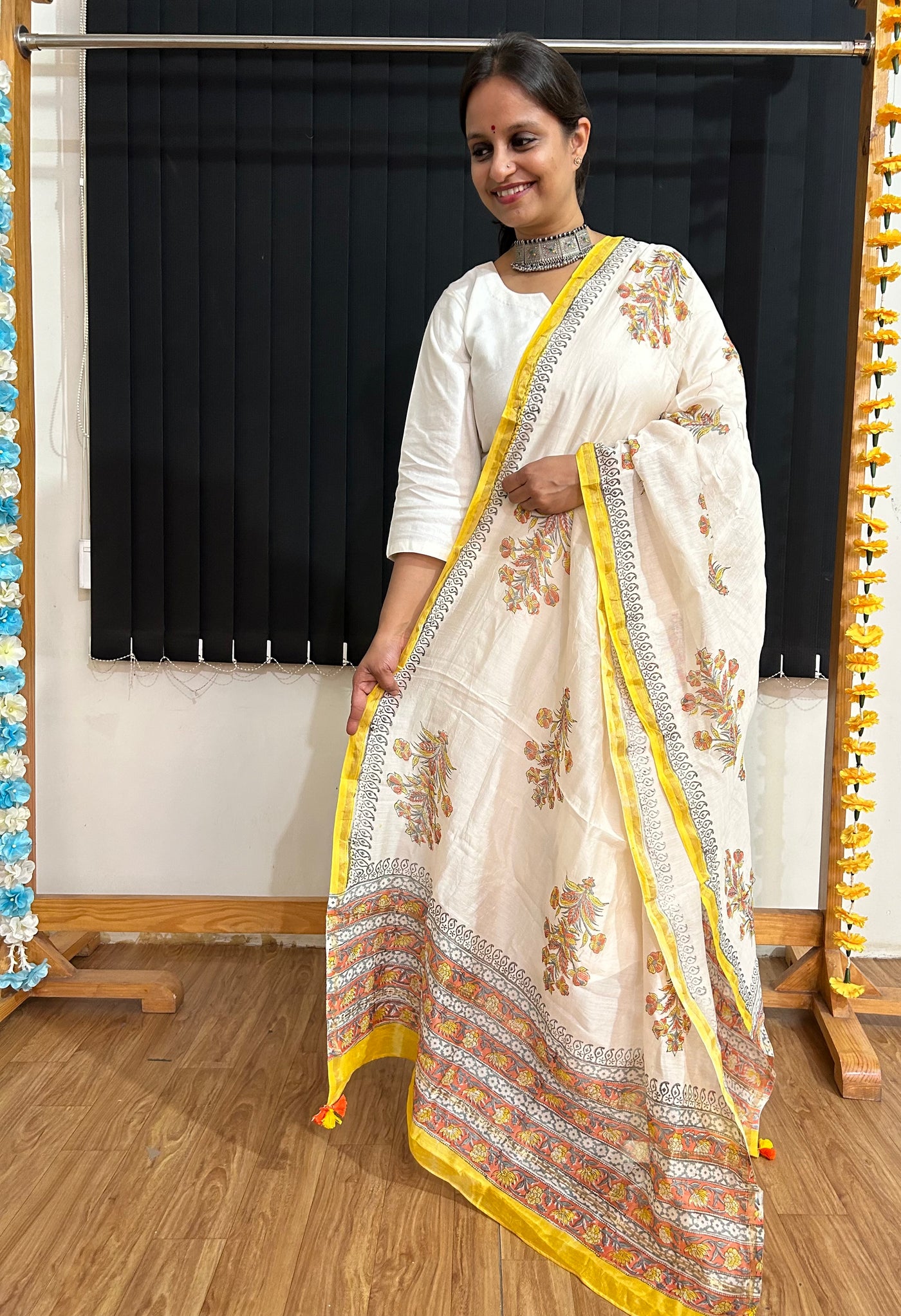 MUSKAAN: Handblock Printed Silk-Cott Chanderi Dupatta