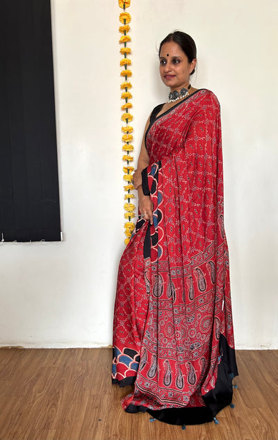 MIRZA: HAND BLOCK AJRAKH MODAL SILK SAREE