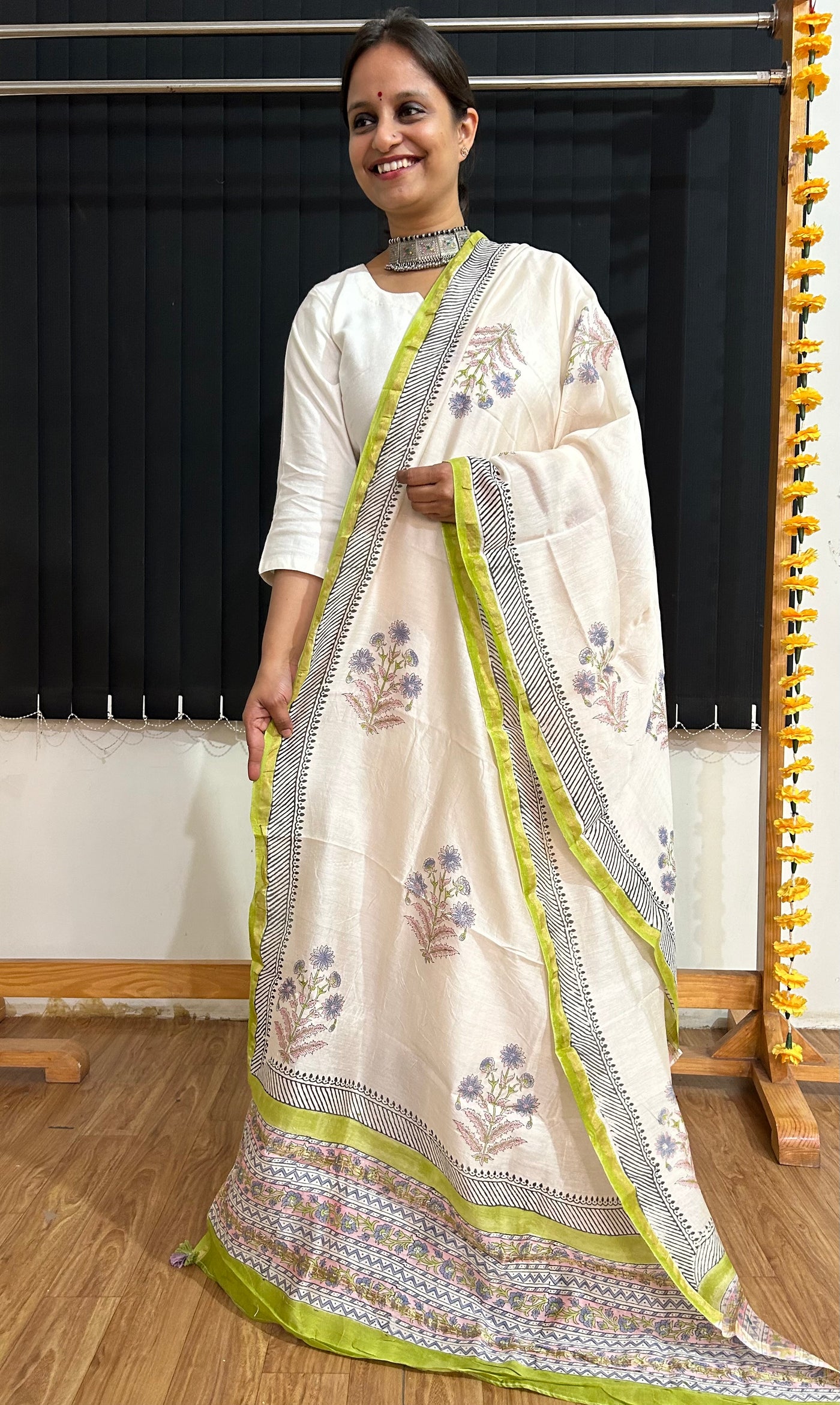 PAHELI: Handblock Printed Silk-Cott Chanderi Dupatta