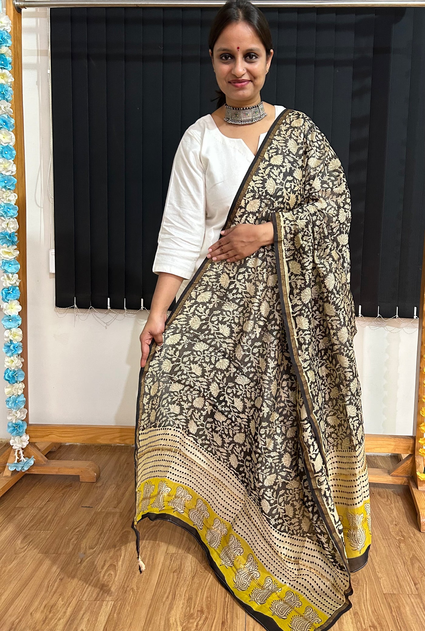 HASEEN: Handblock Printed Silk-Cott Chanderi Dupatta