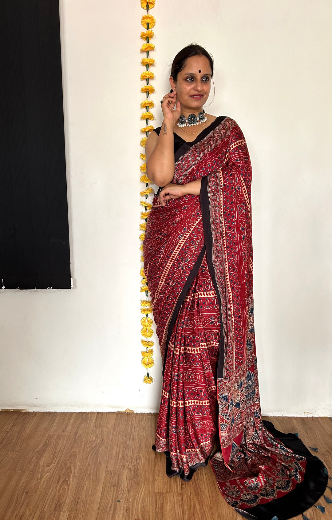 SANA: HAND BLOCK AJRAKH MODAL SILK SAREE – MYPOSHAAKH