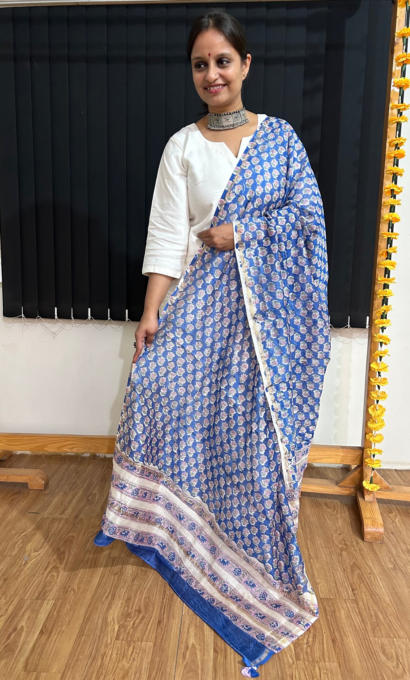 NALINI: Handblock Printed Silk-Cott Chanderi Dupatta