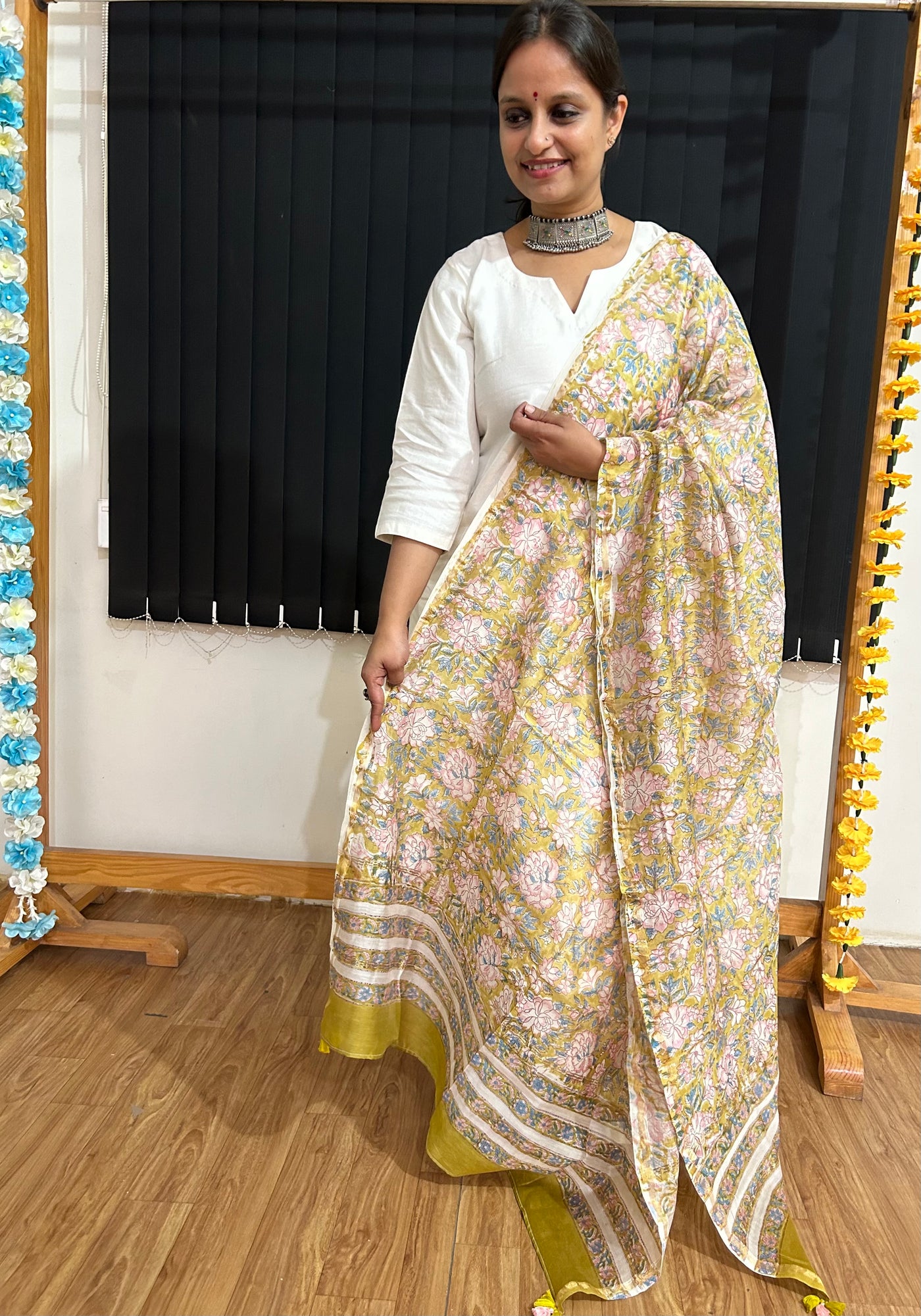 SATHIYA: Handblock Printed Silk-Cott Chanderi Dupatta