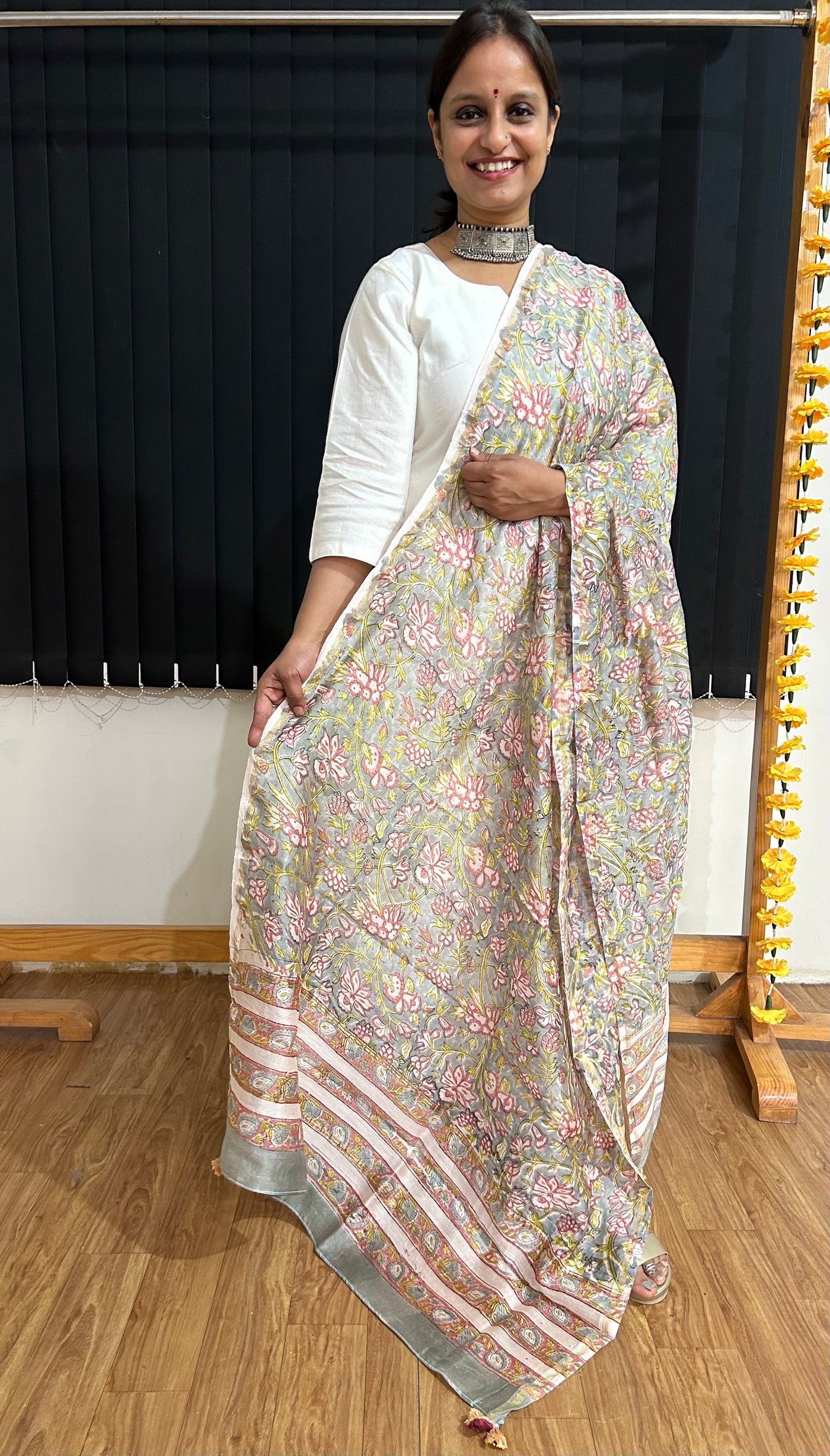 SAJNI: Handblock Printed Silk-Cott Chanderi Dupatta