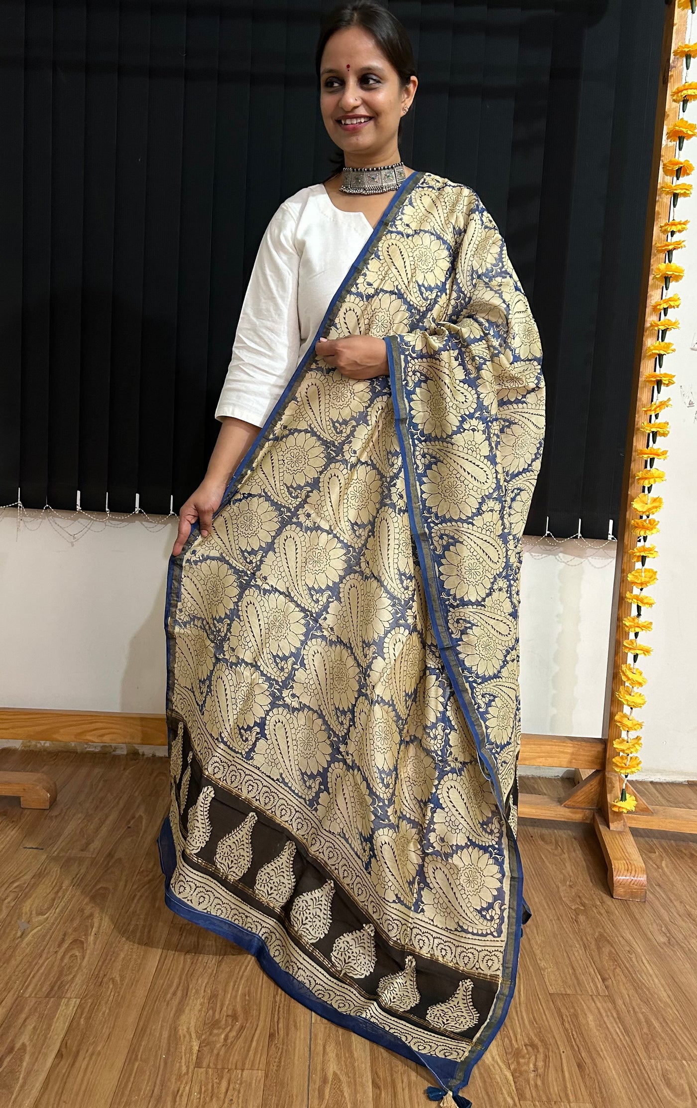 MEHFIL: Handblock Printed Silk-Cott Chanderi Dupatta