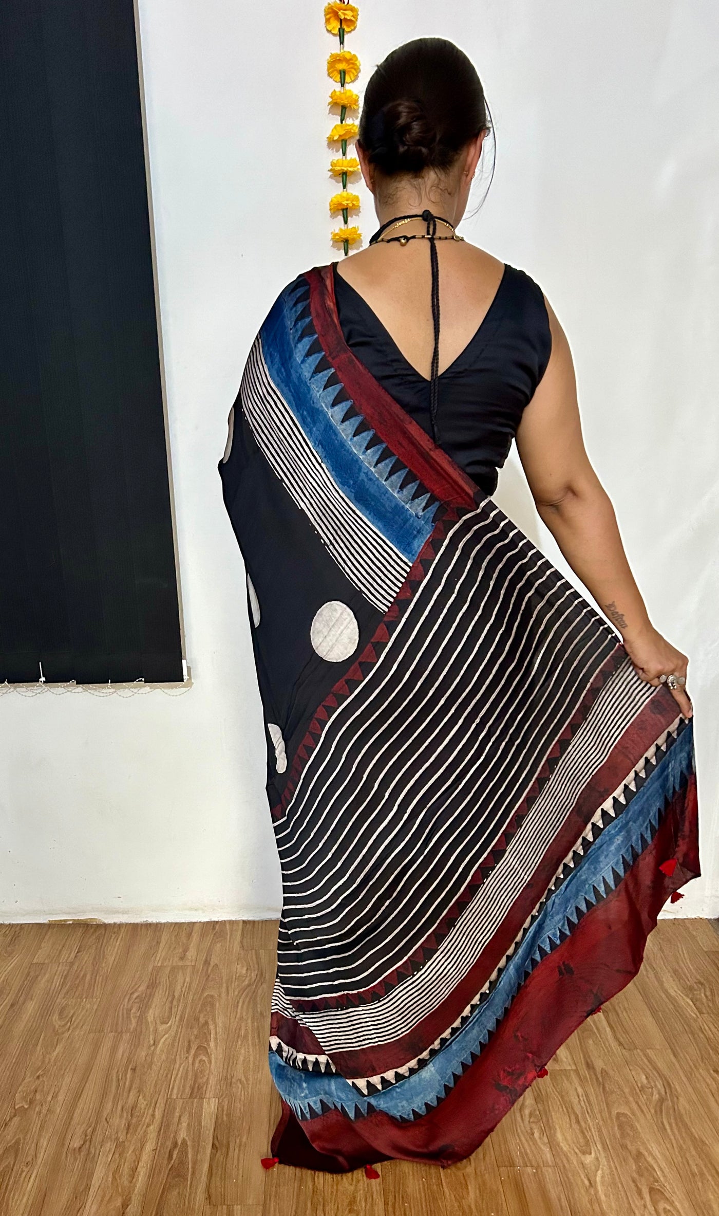BEFIKRE: BLACK,HANDBLOCK AJRAKH MODAL SILK SAREE