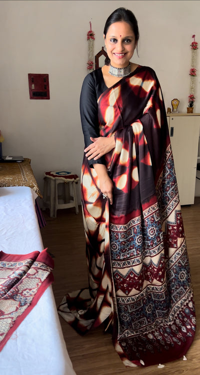 BRINDA: Handmade Clamp Dyed- Ajrakh Modal Silk Saree