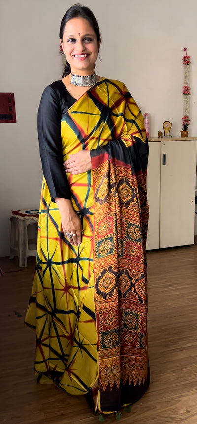 TAHIRA: Handmade Clamp Dyed- Ajrakh Modal Silk Saree