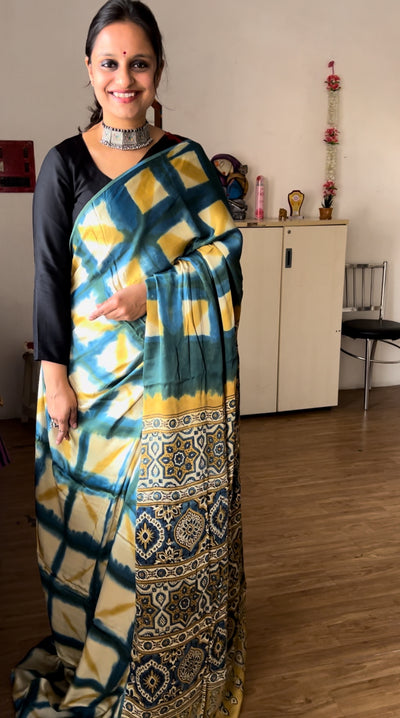 JAHANVI: Handmade Clamp Dyed- Ajrakh Modal Silk Saree