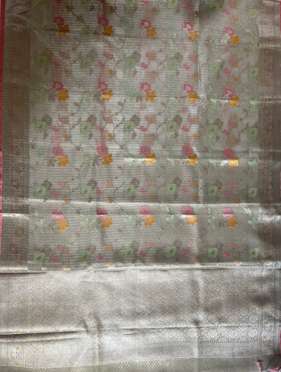 KANAK : CREAM, FESTIVE WEAR BANARASI KOTA CHECKS SAREE WITH MEENAKARI JAAL.