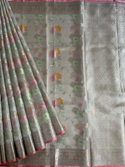 KANAK : CREAM, FESTIVE WEAR BANARASI KOTA CHECKS SAREE WITH MEENAKARI JAAL.