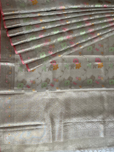 KANAK : CREAM, FESTIVE WEAR BANARASI KOTA CHECKS SAREE WITH MEENAKARI JAAL.