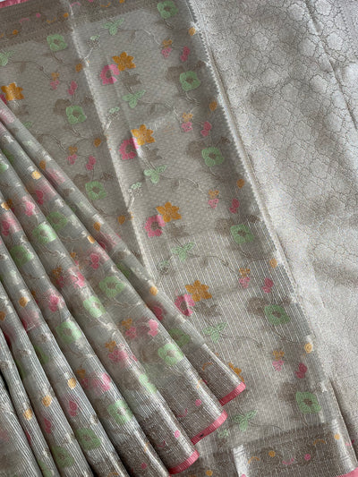 KANAK : CREAM, FESTIVE WEAR BANARASI KOTA CHECKS SAREE WITH MEENAKARI JAAL.