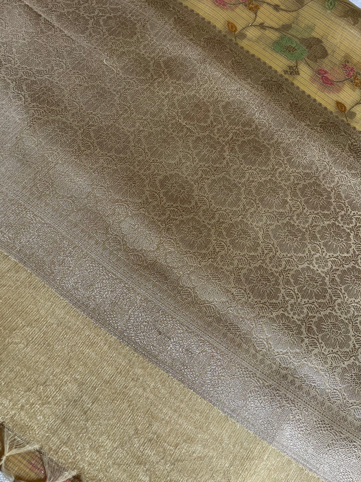 RAUNAK : PASTEL YELLOW , FESTIVE WEAR BANARASI KOTA CHECKS SAREE WITH MEENAKARI JAAL.