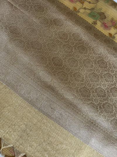 RAUNAK : PASTEL YELLOW , FESTIVE WEAR BANARASI KOTA CHECKS SAREE WITH MEENAKARI JAAL.