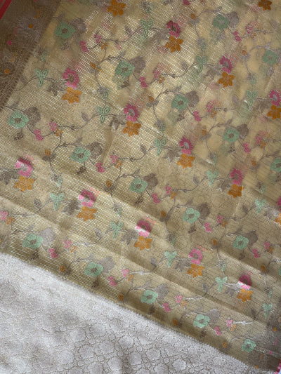 RAUNAK : PASTEL YELLOW , FESTIVE WEAR BANARASI KOTA CHECKS SAREE WITH MEENAKARI JAAL.