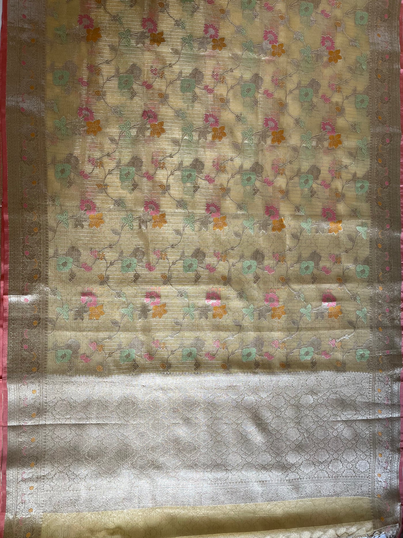 RAUNAK : PASTEL YELLOW , FESTIVE WEAR BANARASI KOTA CHECKS SAREE WITH MEENAKARI JAAL.