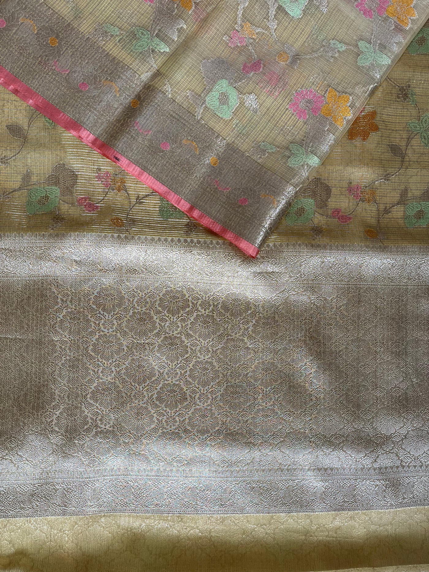 RAUNAK : PASTEL YELLOW , FESTIVE WEAR BANARASI KOTA CHECKS SAREE WITH MEENAKARI JAAL.