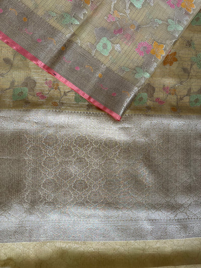 RAUNAK : PASTEL YELLOW , FESTIVE WEAR BANARASI KOTA CHECKS SAREE WITH MEENAKARI JAAL.