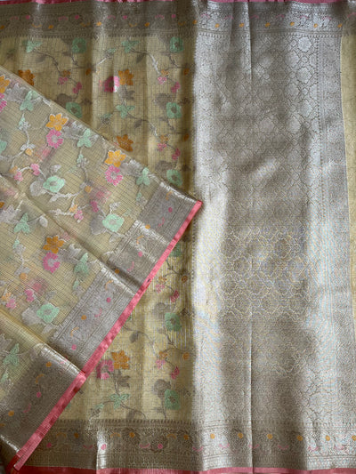 RAUNAK : PASTEL YELLOW , FESTIVE WEAR BANARASI KOTA CHECKS SAREE WITH MEENAKARI JAAL.