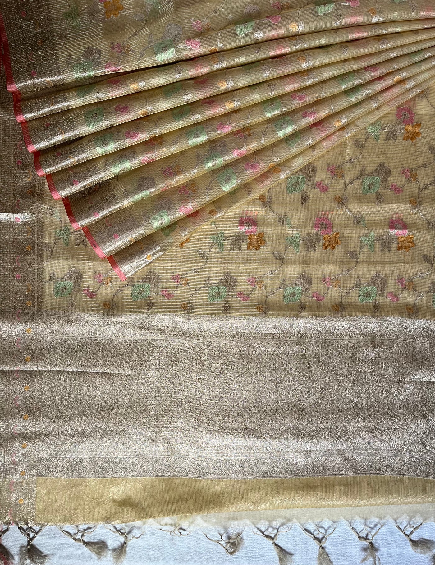 RAUNAK : PASTEL YELLOW , FESTIVE WEAR BANARASI KOTA CHECKS SAREE WITH MEENAKARI JAAL.