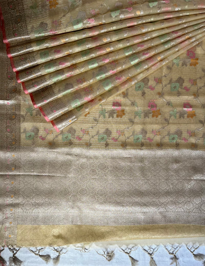 RAUNAK : PASTEL YELLOW , FESTIVE WEAR BANARASI KOTA CHECKS SAREE WITH MEENAKARI JAAL.