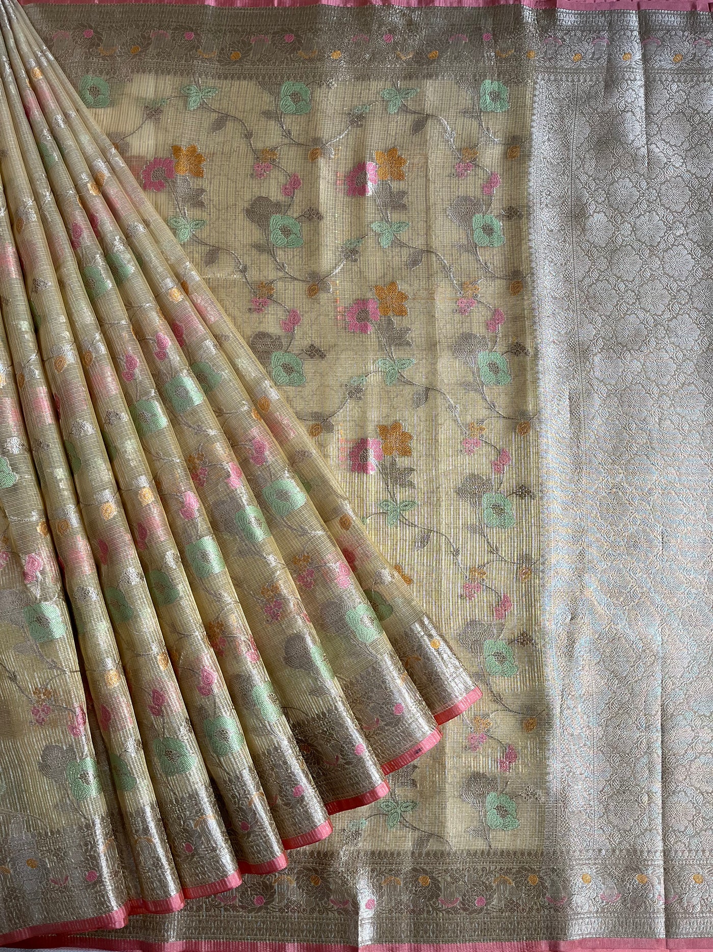 RAUNAK : PASTEL YELLOW , FESTIVE WEAR BANARASI KOTA CHECKS SAREE WITH MEENAKARI JAAL.