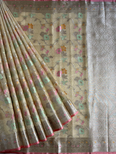 RAUNAK : PASTEL YELLOW , FESTIVE WEAR BANARASI KOTA CHECKS SAREE WITH MEENAKARI JAAL.