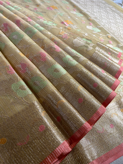 RAUNAK : PASTEL YELLOW , FESTIVE WEAR BANARASI KOTA CHECKS SAREE WITH MEENAKARI JAAL.