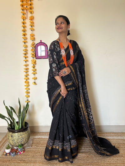 Aasma me taare:Black, Handblock printed ajrakh madurai cotton saree