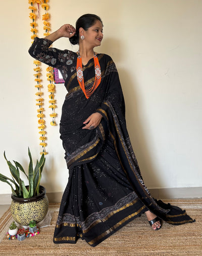 Aasma me taare:Black, Handblock printed ajrakh madurai cotton saree