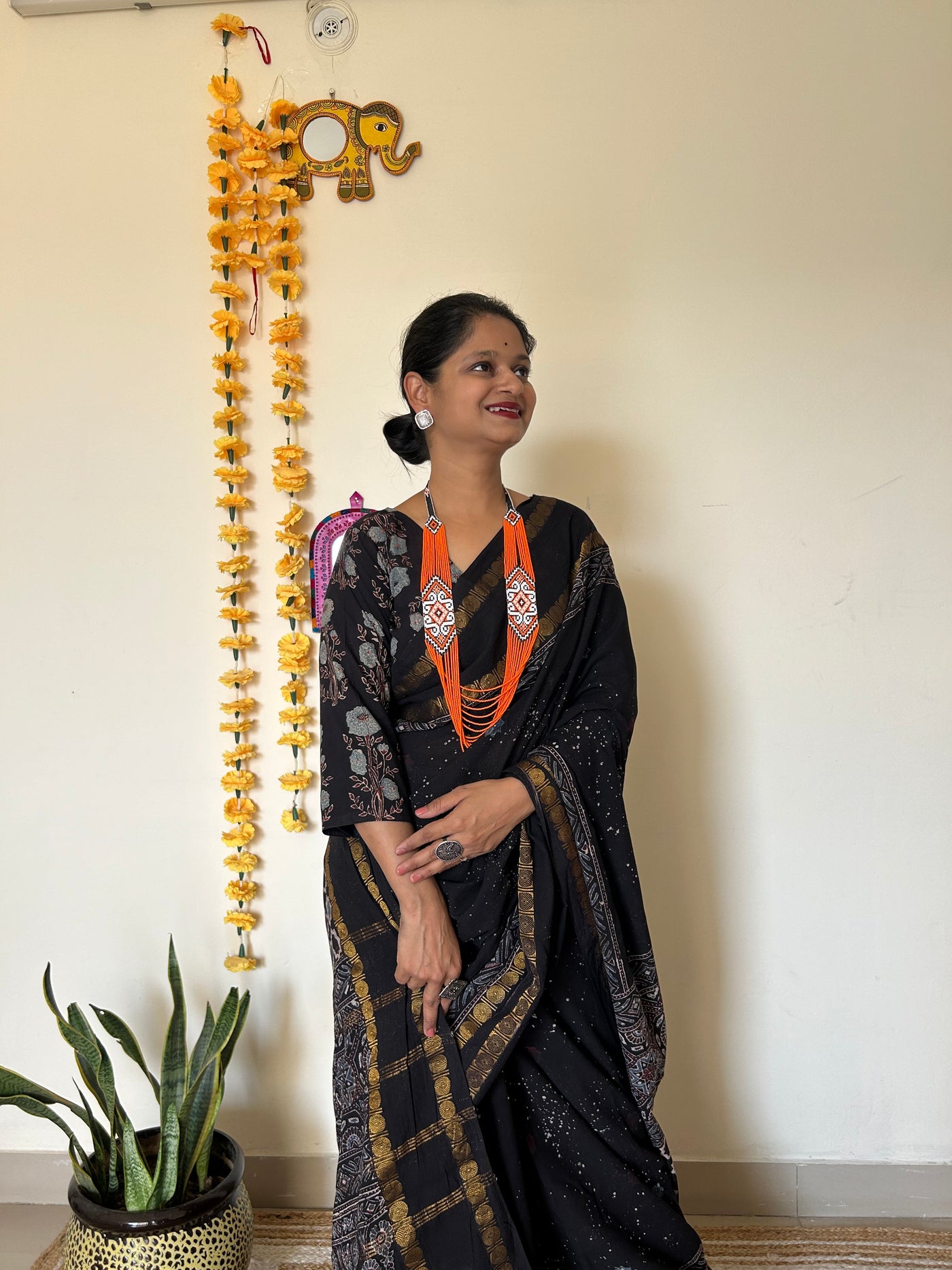 Aasma me taare:Black, Handblock printed ajrakh madurai cotton saree