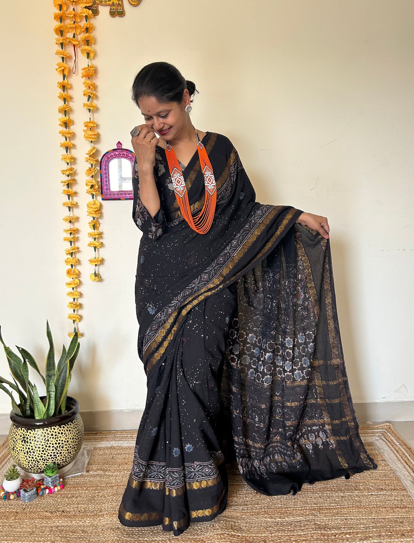 Aasma me taare:Black, Handblock printed ajrakh madurai cotton saree