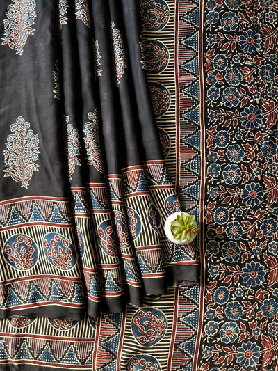 Navya: BLACK,HANDBLOCK PRINTED AJRAKH MODAL SILK SAREE