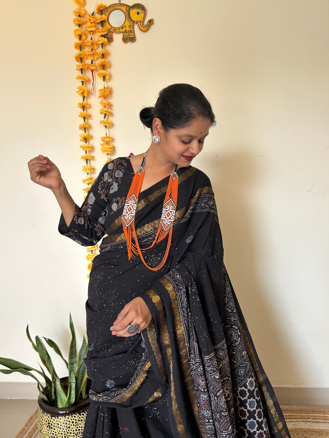 Aasma me taare:Black, Handblock printed ajrakh madurai cotton saree