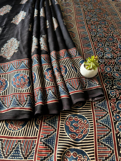 Navya: BLACK,HANDBLOCK PRINTED AJRAKH MODAL SILK SAREE