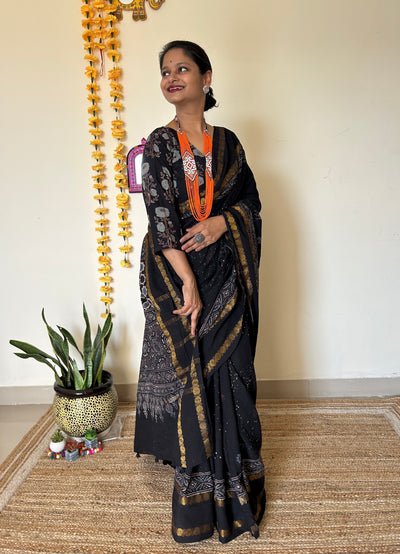 Aasma me taare:Black, Handblock printed ajrakh madurai cotton saree