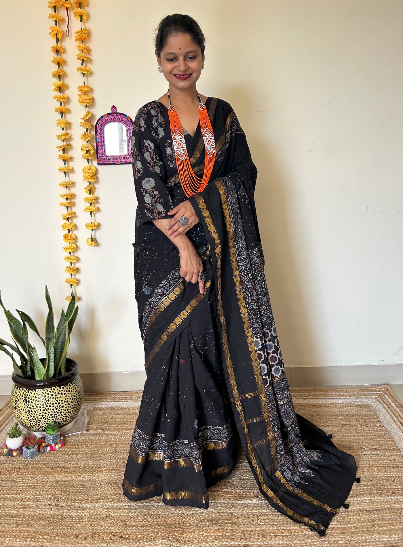 Aasma me taare:Black, Handblock printed ajrakh madurai cotton saree